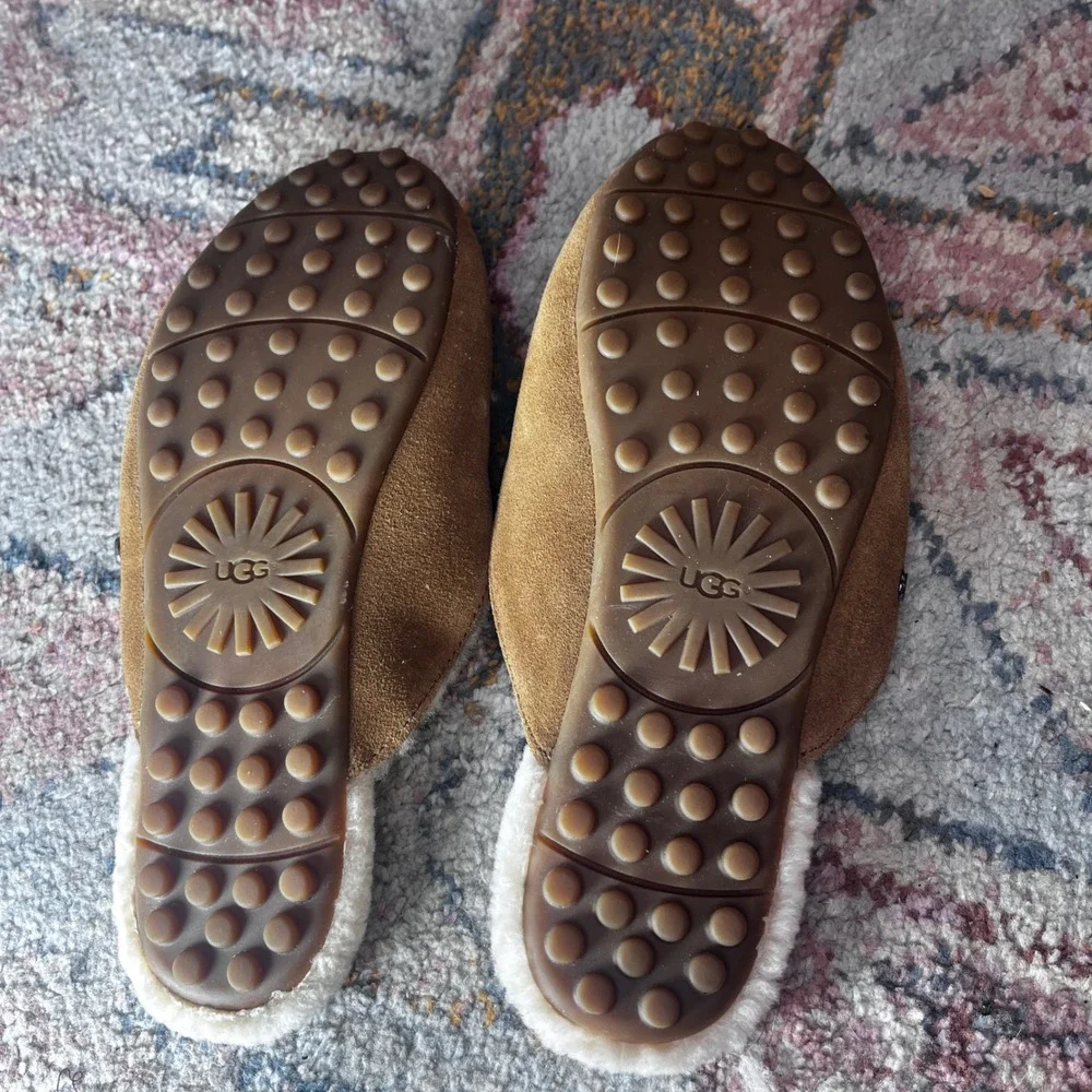 UGG Lane Chestnut Suede Shearling Sheepskin Loafer Mules Womens 9 Brown EUC - Picture 3 of 8